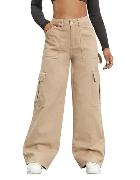 Classic Wide Leg 6 Pocket Beige Cargo Jeans for Women