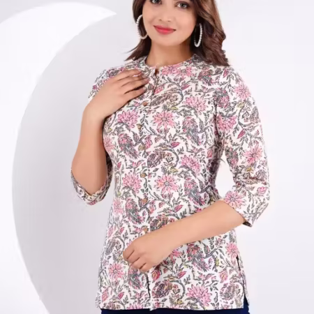 Women’s 3/4 Sleeves Mandarin Collar Rayon Printed Short Kurti Kurta