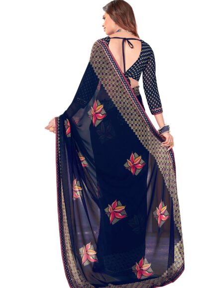 women's leaf print navy blue colored saree with blouse