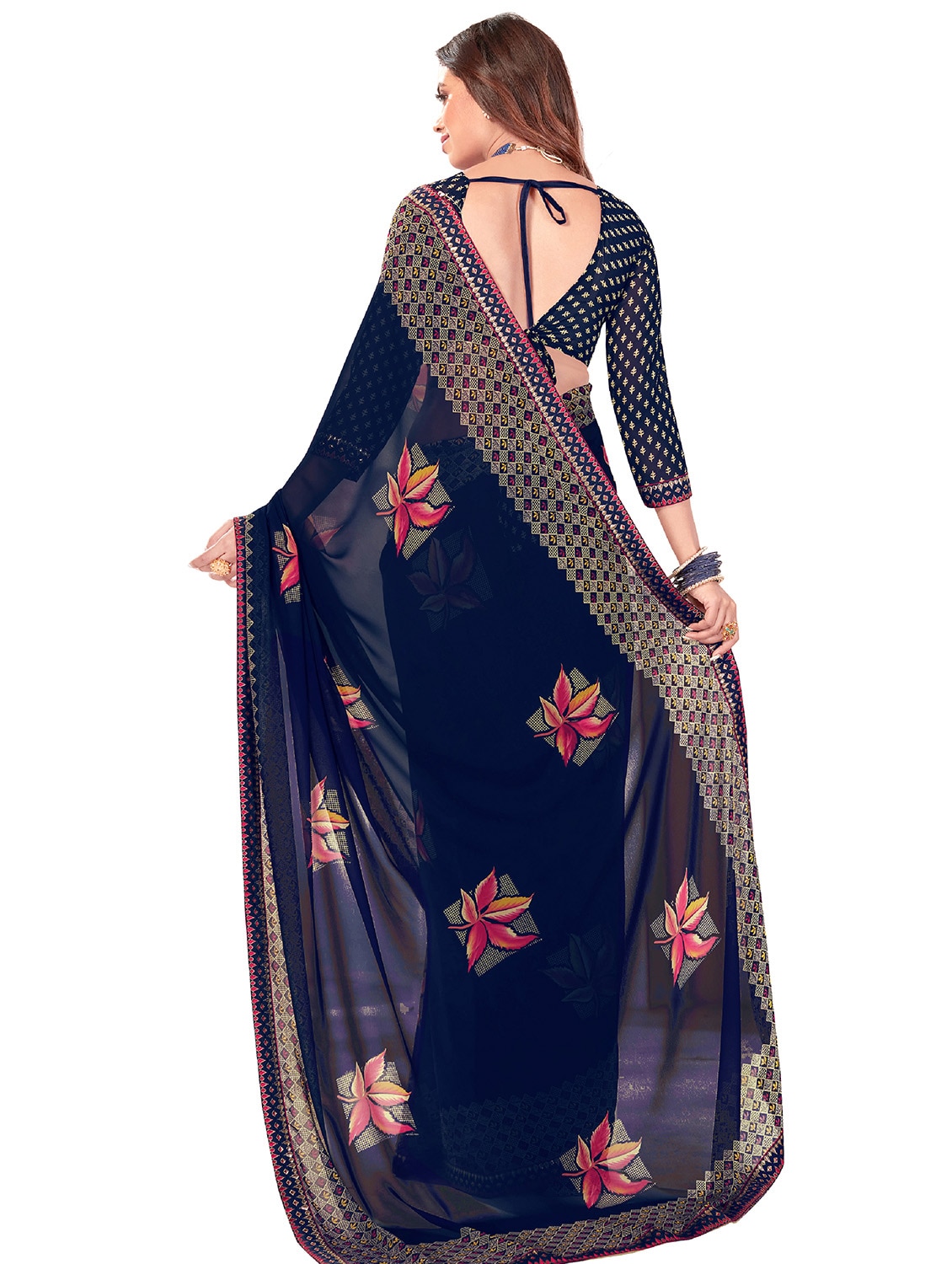 women's leaf print navy blue colored saree with blouse